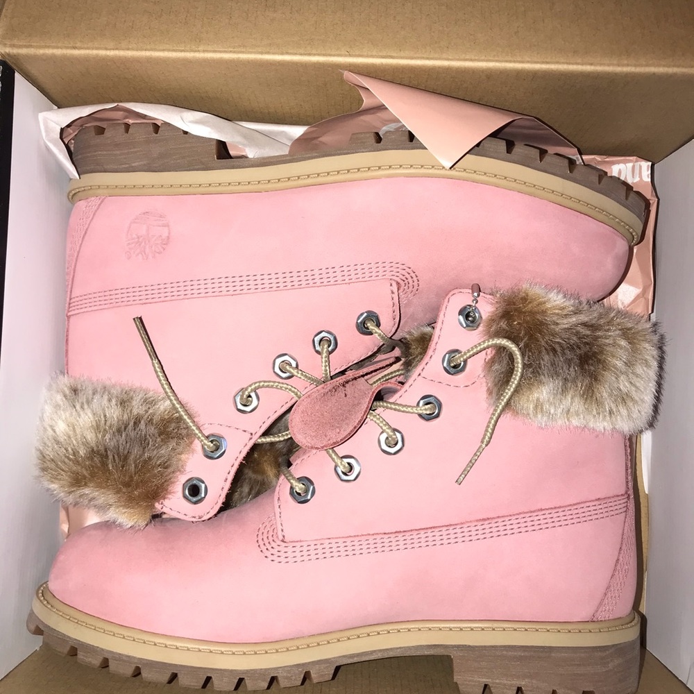 Pink furry timberland boots